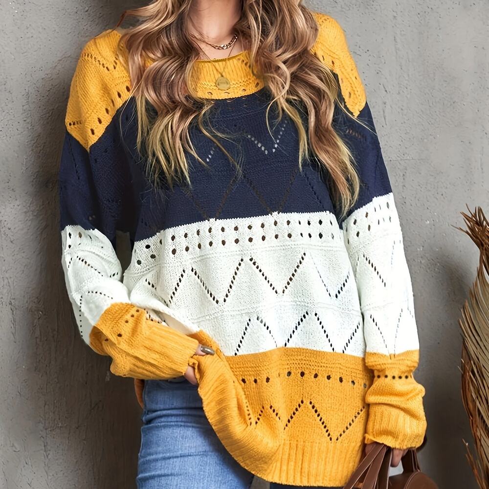 Staccato Navy, Mustard and White Striped Openwork Knit Sweater